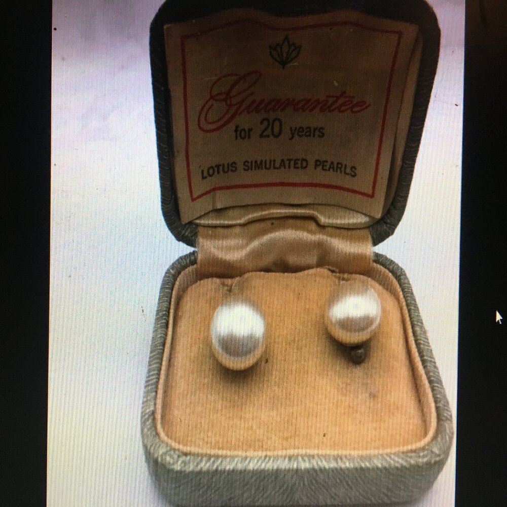 Antique Lotus Simulated Pearls Earrings Art Deco 1920s w/ Box Falconer Hamilton